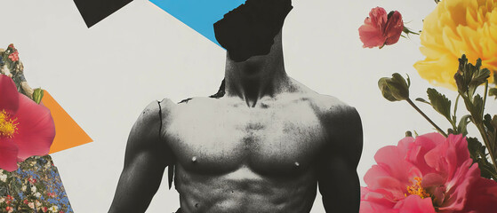 Poster - Minimalist collage featuring geometric shapes and a fragmented statue torso on a white background