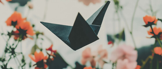 Poster - Minimalist collage of origami bird taking shape amidst geometric shapes and flowers