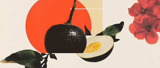 Aufkleber - Minimalist collage featuring geometric shapes and black-and-white quince with floral elements