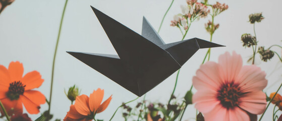 Poster - Minimalist collage features origami bird among geometric shapes and flowers on white background