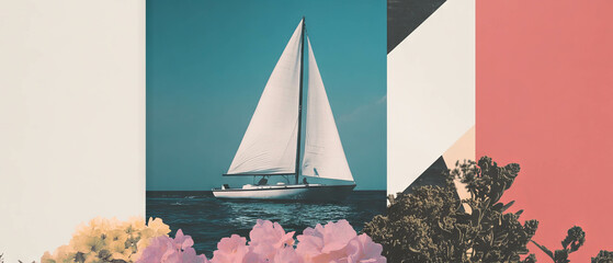 Poster - Minimalist collage featuring a sailboat with geometric shapes and flowers on a white background