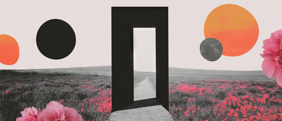 Poster - Collage of geometric shapes and flowers highlighting an open door of opportunity