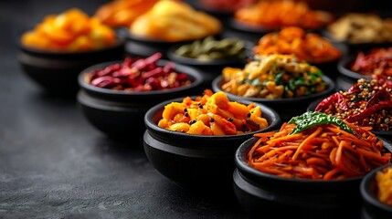 Assortment of Colorful Pickles and Spices in Small Black Bowls