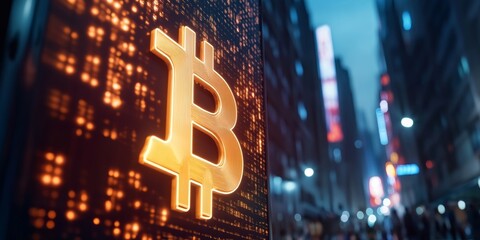 Poster - Neon-Powered Bitcoin Billboard Futuristic Nightlife Scene with Holographic Effects - Urban Fintech Aesthetic for Digital Marketing and Tech Innovation