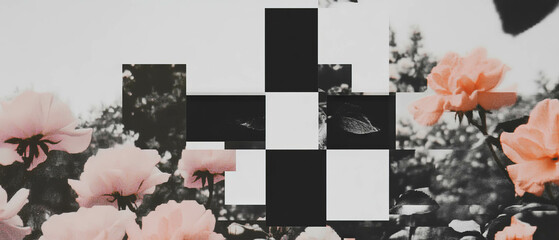Poster - Minimalist collage featuring geometric shapes and floral elements on a white background