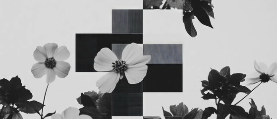 Aufkleber - Minimalist collage featuring geometric shapes and flowers with a pixelated division sign