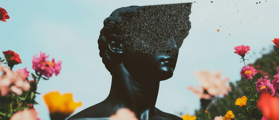 Poster - Minimalist collage featuring a dissolving statue amidst vibrant floral elements