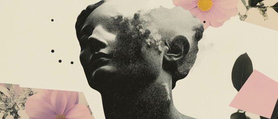 Poster - Minimalist collage blending geometric shapes and floral elements with a dissolving statue