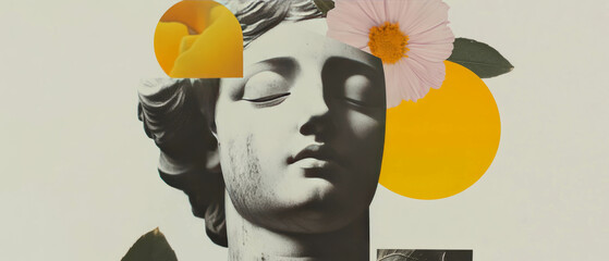 Aufkleber - Minimalist collage featuring a statue's face and geometric shapes with floral accents