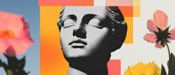 Poster - Minimalist collage featuring geometric shapes and a statue's serene expression
