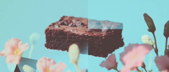 Poster - Minimalist collage showcasing a textured brownie with floral elements and geometric shapes