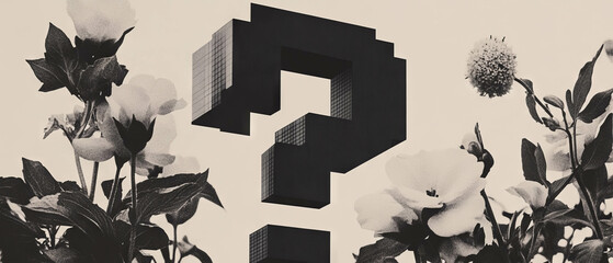 Poster - Minimalist collage of geometric shapes and flowers with a pixelated question mark