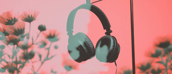 Poster - Minimalist collage featuring headphones on a hook surrounded by geometric shapes and flowers