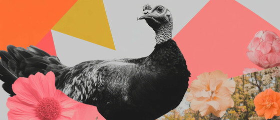 Poster - Minimalist collage featuring a turkey amidst geometric shapes and floral elements