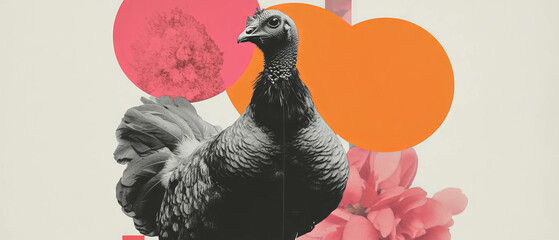 Poster - Minimalist collage featuring a black-and-white cutout turkey with geometric shapes and flowers