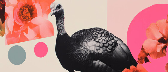 Aufkleber - Minimalist collage featuring a turkey with a floral and geometric background