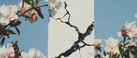 Poster - Minimalist collage featuring a cracked ceramic tile surrounded by floral elements