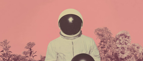 Poster - Minimalist astronaut collage with geometric shapes and floral elements on white background