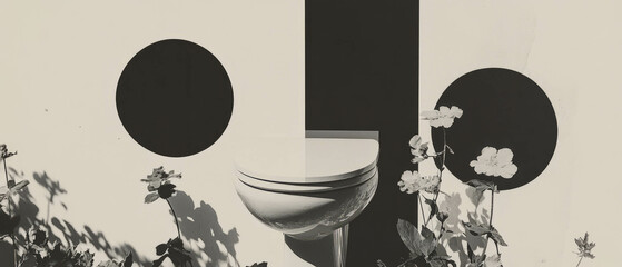 Aufkleber - Minimalist collage featuring a cracked ceramic toilet bowl with geometric designs and floral accents