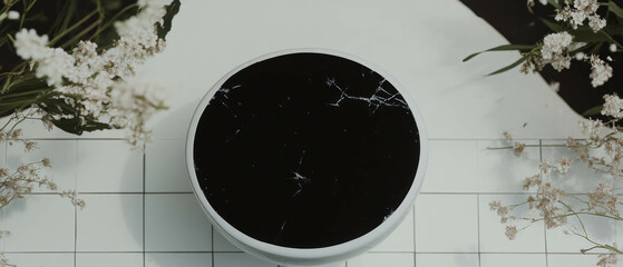 Poster - Minimalist collage featuring a cracked ceramic toilet against a floral geometric backdrop