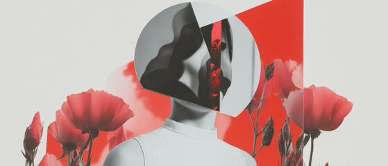 Poster - Minimalist collage featuring geometric shapes, flowers, and a curved mirror reflection
