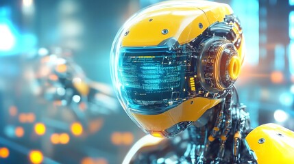 Poster - Futuristic robot with transparent visor and glowing elements in a modern environment