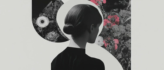 Poster - Minimalist collage featuring geometric shapes and floral elements with a distorted reflection