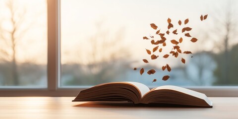 Leinwandbilder - Ethereal Illumination on Open Book with Floating Leaves Aesthetic Visual for Educational and Inspirational Environmental Content Marketing in Modern Publishing Spaces