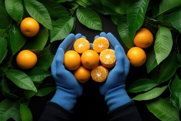 Wall Mural - Gloved hands hold fresh oranges and halves, surrounded by green leaves on black backdrop.