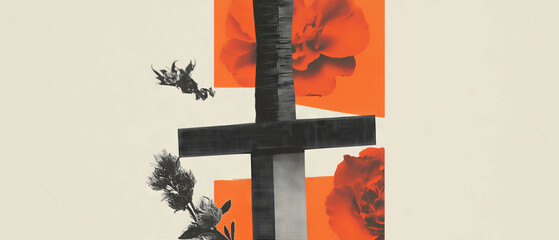 Aufkleber - Minimalist collage featuring geometric shapes, flowers, and a pixelated sword in close-up view
