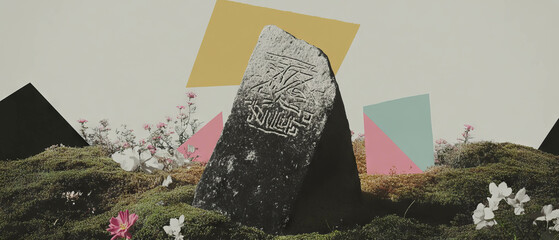 Poster - Illuminated rune stone collage with geometric shapes and floral elements on a white background