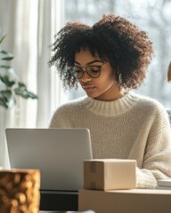 Leinwandbilder - Minimalist Home Office Productivity Young Entrepreneur in Cozy Wool Sweater Packing Products - Inspiring Eco-Friendly Small Business Growth and Modern E-Commerce Solutions
