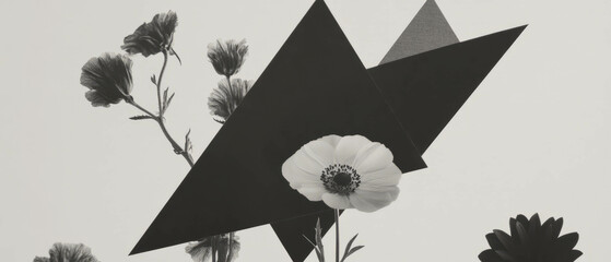 Poster - Minimalist collage showcasing geometric triangles and floral elements on a white background