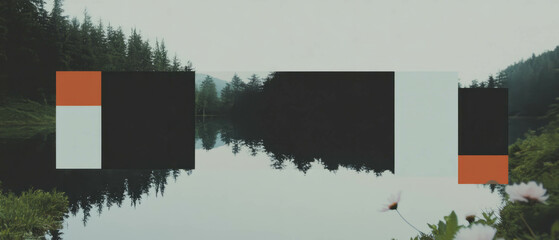Poster - Minimalist collage featuring geometric shapes and tree reflections in a serene lake setting