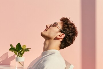 Poster - Contemporary Mindful Workspace Young Man Stretching in Minimalist Pastel Office - Enhancing Emotional Wellness in Modern Corporate Culture and Innovative Digital Content