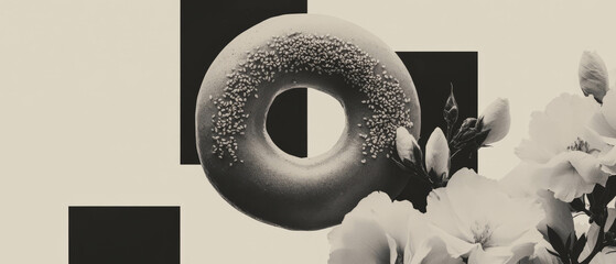 Aufkleber - Minimalist collage featuring a bagel with sesame seeds and floral accents on a white backdrop