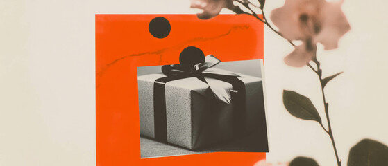 Aufkleber - Minimalist collage of an unopened gift box and floral elements with a geometric design