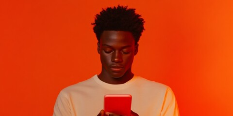 Aufkleber - Vibrant Digital Engagement Tech-Savvy Young Male with Smartphone in Orange Backdrop - Modern Workflow Insights and Contemporary Business Solutions