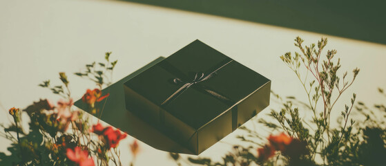 Poster - Minimalist collage showcasing an unopened gift box surrounded by flowers and geometric shapes