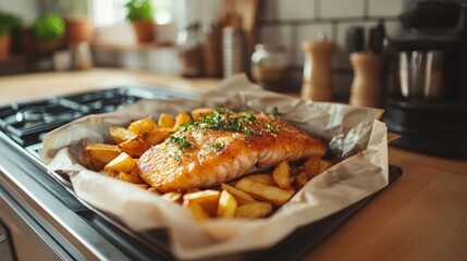 Wall Mural - Homecook Creates Perfect Fish and Chips in a Cozy Kitchen Setting