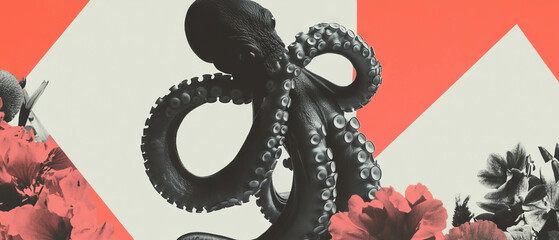 Poster - Minimalist collage featuring a curled octopus tentacle and floral accents on a white background