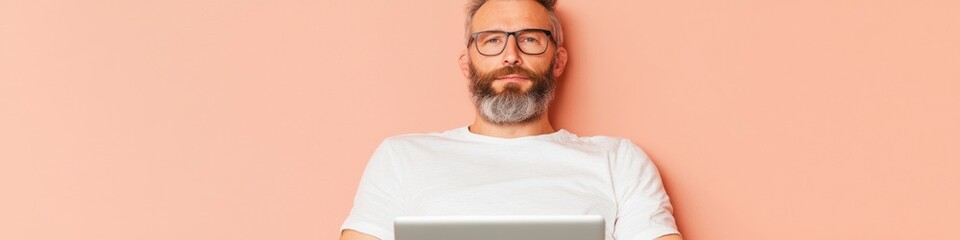 Poster - Contemporary Professional Fitness Bearded Male Tech User in Modern Office - Digital Integration and Active Lifestyle Promotion for Business Solutions