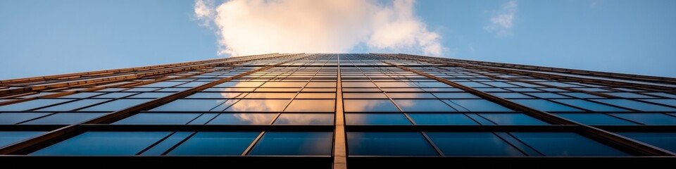 Aufkleber - Reflective Urban Skyscraper Facade Futuristic Glass Architecture with Sky Imagery - Innovative Cityscape Content for Real Estate Marketing and Urban Development