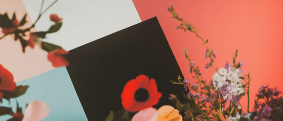 Poster - Minimalist collage featuring geometric shapes and a polaroid photo booth frame with flowers