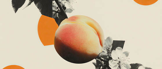 Poster - Minimalist collage merging geometric shapes and peach with exposed pit on white background