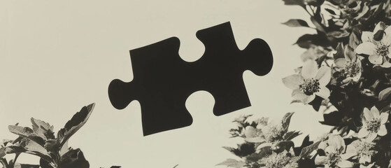 Poster - Minimalist collage of a puzzle piece amidst floral geometric shapes on a white background