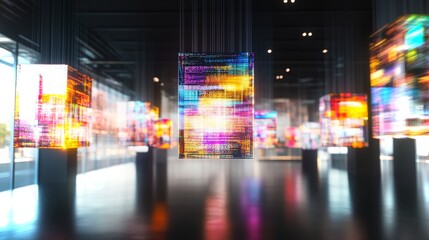 Poster - Colorful abstract lights illuminate a contemporary art installation in a modern gallery space