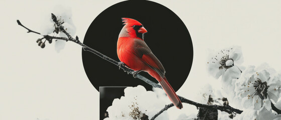 Aufkleber - Minimalist collage featuring a cardinal on a snowy branch with floral background elements