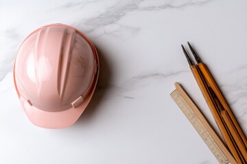Poster - Scandinavian Construction Workspace Pink Helmet and Bamboo Tools on Marble - Modern Design Aesthetic for Innovative Industry Documentation and Architectural Visualization