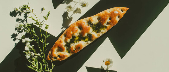 Poster - Minimalist collage featuring focaccia bread with herbs and artistic geometric shapes